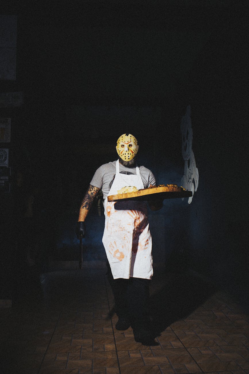 man in halloween costume walking in dark
